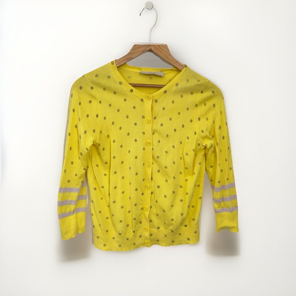 LOFT Yellow Polka Dot Cardigan Small 100% Pima Cotton Crew Neck Button Sweater